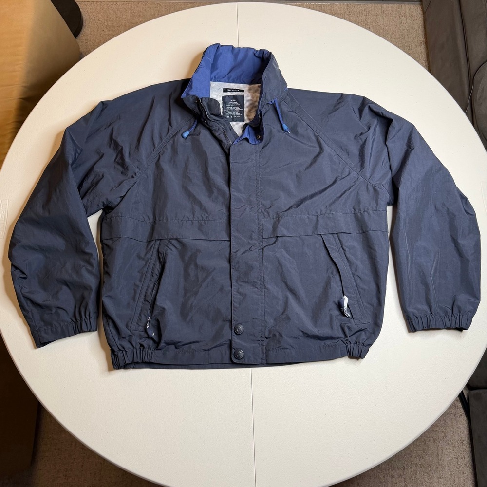 Nautica Mens XXL Navy Blue Windbreaker Jacket Full Zip Stowaway Hood Mesh‎ Lined